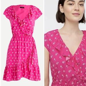 J. Crew Hot Pink Floral Ruffle Wrap-Style Mini Dress Sz 8